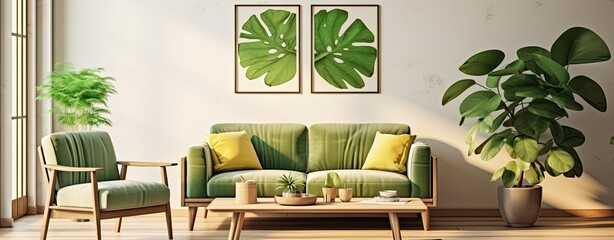 Wall Mural - Wooden table with green armchair and sofa in natural living room filled with plant and leaf posters.