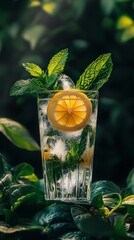 Wall Mural - Refreshing summer cocktail with lemon and mint sitting on lush green leaves