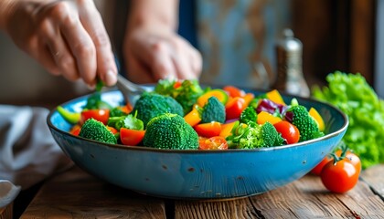 Wall Mural - Vibrant salad preparation with fresh broccoli, juicy cherry tomatoes, and crisp bell peppers in a blue bowl on a rustic wooden table