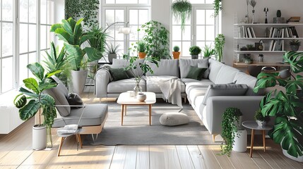 Wall Mural - interior of contemporary living room with grey sofas and green houseplants.