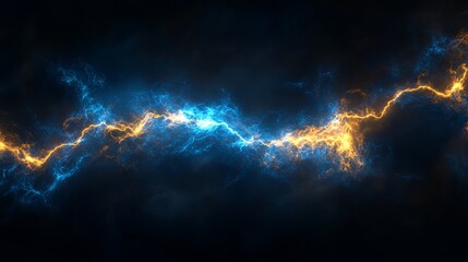 Blue and orange electric lightning striking in the dark clouds