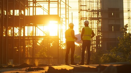 Two construction workers wearing safety vests and hard hats stand at a construction site, discussing blueprints with the setting sun in the background.