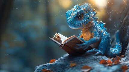 Blue lizard reading a book on a rock in the forest