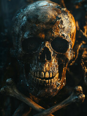 Close-up of an eerie, decaying skull against a dark background.