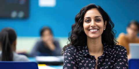 A smiling female teacher stands in a lively classroom, radiating warmth and engagement. The scene highlights education, inspiration, and human connection.