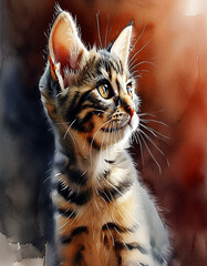 Wall Mural - A beautiful tiger-colored, cute kitten looks around with its curious gaze. watercolor illustration