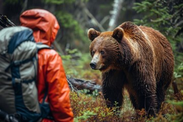 the traveler encounters a bear in the forest, their careful interaction emphasizing respect for the 