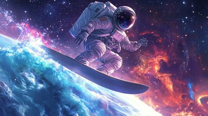 Wall Mural - An astronaut snowboards through space, with a fiery nebula in the background.