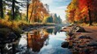 © NeeArtwork - A tranquil illustration of a reflective pond surrounded by colorful autumn trees