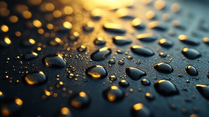 Water droplets on dark surface with warm lighting, macro photography. Abstract nature and texture concept