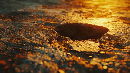 Sticker - A close-up of a hole in the ground with sunlight reflecting off its surface