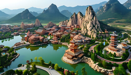 Sticker - The beauty of Snow City is reflected in the breathtaking aerial view of the surroundings of Qingcheng Mountain