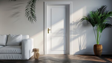 A white door with a gold handle is in the center of a minimalist living room with a white sofa, palm plants, and a wooden stool