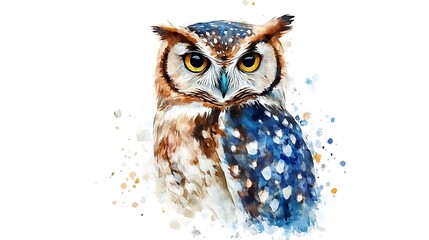 Wall Mural - Watercolor painting of an owl with yellow eyes and blue and brown feathers against a white background.