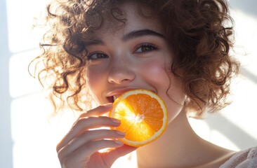 Close-up portrait of a happy, curly-haired young woman holding an orange slice in front of her mouth, against a white background.