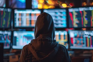 A person wearing a hoodie focuses intently on various screens filled with stock charts and market data in a dimly lit environment during nighttime hours.