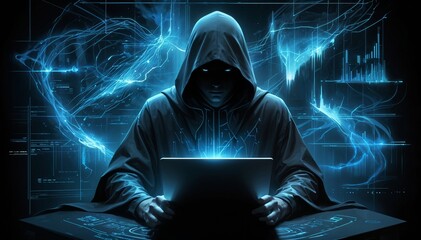 A hacker in a hooded raincoat is sitting at a laptop