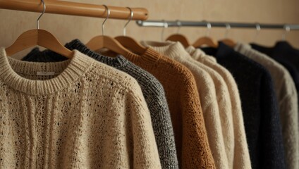 Wall Mural - Rack displaying sweaters near a beige wall, close-up view.