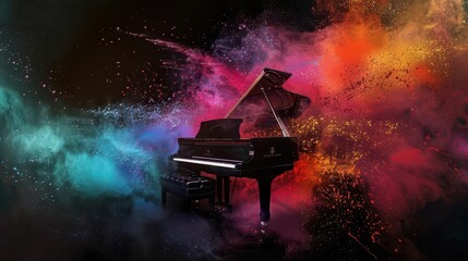 Wall Mural - world music day banner with grand piano and colorful dust musical event abstract design digital art