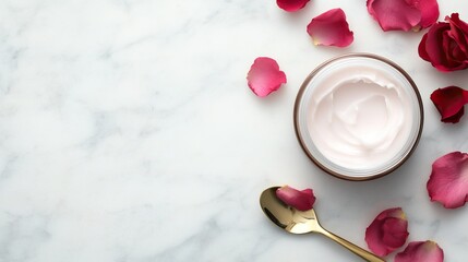 Delicate skincare cream surrounded by rose petals, showcasing elegance and beauty on a marble surface.