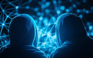 Wall Mural - Two figures in hoodies gazing into a digital world filled with glowing blue connections, symbolizing technology and anonymity.