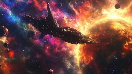 Wall Mural - A futuristic spaceship navigates a vibrant, cosmic landscape. The ship is dwarfed by a fiery nebula and a glowing star, creating a dramatic and awe-inspiring scene.