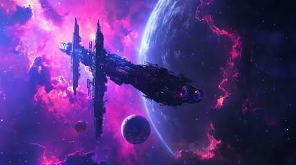 Wall Mural - Futuristic spaceship in space, with a pink and purple nebula in the background.