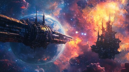 Wall Mural - A futuristic spaceship soaring through a starry galaxy with a fiery nebula, a distant planet, and another space station.
