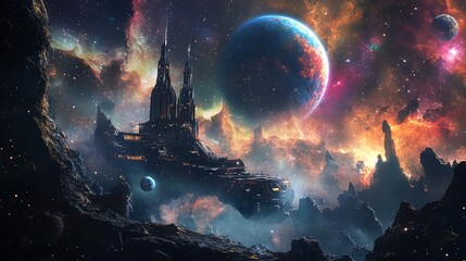 Wall Mural - A futuristic spaceship hovers above a rocky landscape in a vibrant nebula.