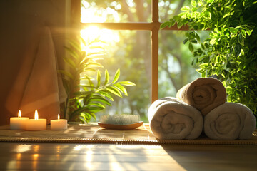 Wall Mural - Soft sunlight filters through the window, illuminating the stacked towels and candles on a wooden surface surrounded by vibrant leaves, evoking a serene spa environment