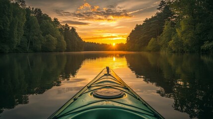 A relaxing sunset view from a green kayak paddling on a tranquil lake surrounded by trees