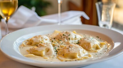 Crab-stuffed ravioli with a rich cream sauce, served on a porcelain plate with an elegant Italian dining room in the background