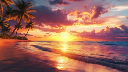 Tropical beach at sunset with palm trees and ocean waves. Serenity and relaxation concept