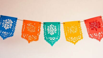 Wall Mural - colorful papel picado banners hanging against a light solid color background with plenty of copy spa