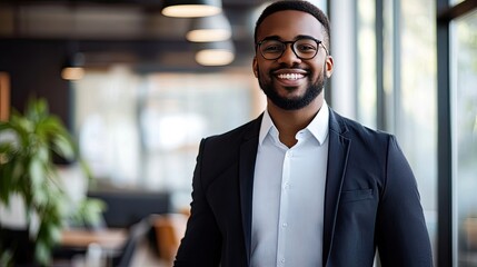 Wall Mural - A smiling male employee in a sharp suit stands engaging with a customer in a modern office, highlighting professional yet friendly service.