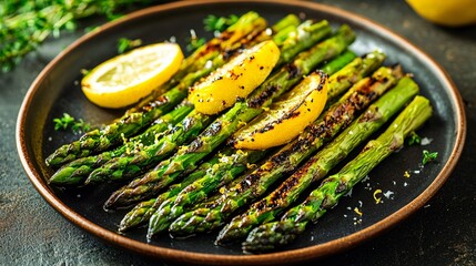 Close-up of grilled asparagus spears with lemon wedges on a black plate.