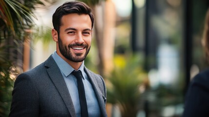 A well-dressed male employee in a suit standing confidently, engaging in a friendly conversation with a customer, smiling, and maintaining positive body language.