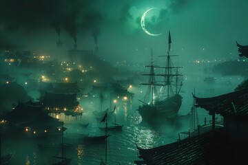 A dark and mysterious scene with a large ship in the middle of a body of water