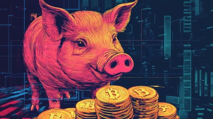 A pink pig stands in front of a stack of golden Bitcoin coins on a blue and green background.