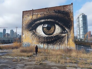 Enormous eye mural on urban brick wall amidst cityscape