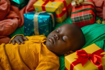 Wall Mural - Comforting small boy bald and beautiful lost serene dreams. Innocent small boy beautifully bald sleeps peaceful night sky. Resting youth embodying innocence and calm represents hope serene future.