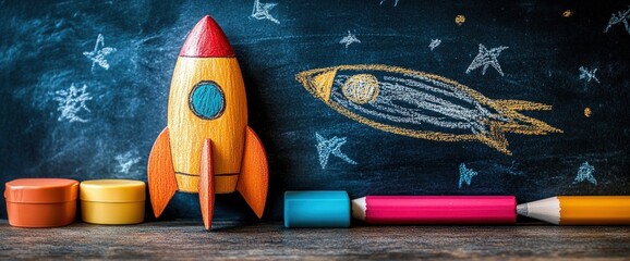 A colorful rocket toy and art supplies on a chalkboard background.