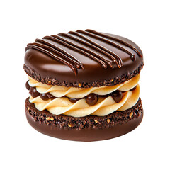 Delicious chocolate dessert with creamy filling and a drizzle of chocolate on top, isolated on a transparent or white background.