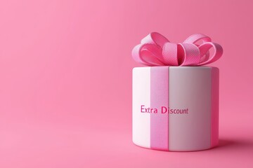 Wall Mural - Pink gift box with bow on pink background, concept of extra discount