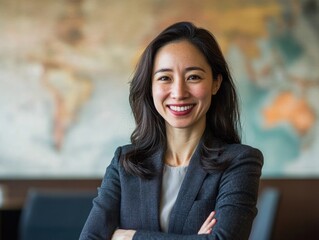 Confident businesswoman in professional setting with blurred world map