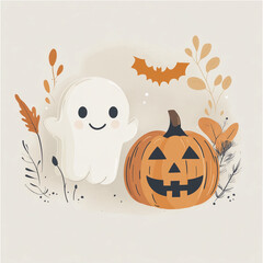 Adorable Ghost and Pumpkin Illustration for Halloween Featuring a Playful and Festive Cartoon Style with Minimalistic Autumn Decorations