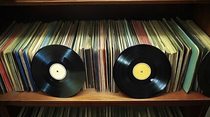 Vinyl record collection displayed on shelf