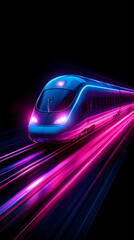 Wall Mural - A vibrant, futuristic train system illuminated by neon lights, speeding through a dark landscape, symbolizing high-speed travel.