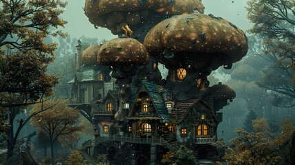 Poster - Enchanted Mushroom House in a Dreamy Forest