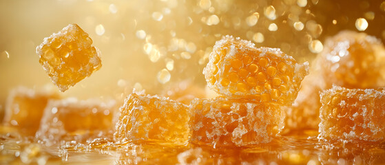 A vibrant display of golden sugar cubes with sparkling droplets, capturing the essence of sweetness and culinary delight.